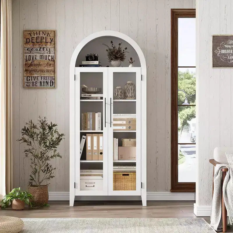 Armadietto da esposizione a 5 ripiani ad arco stile rustico, nero/marrone/bianco, con 2 ante in vetro, monoposto