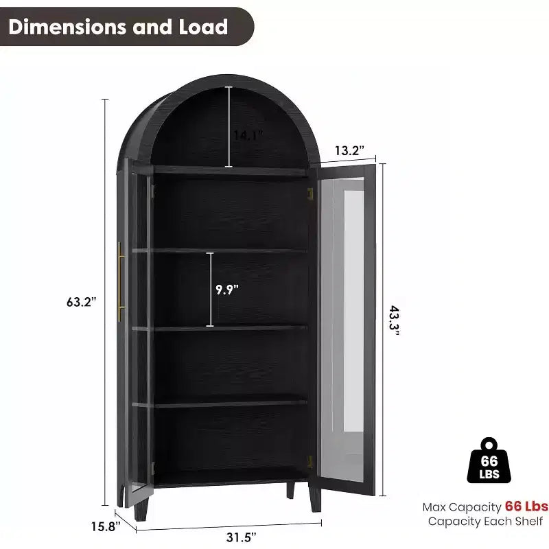 Armadietto da esposizione a 5 ripiani ad arco stile rustico, nero/marrone/bianco, con 2 ante in vetro, monoposto
