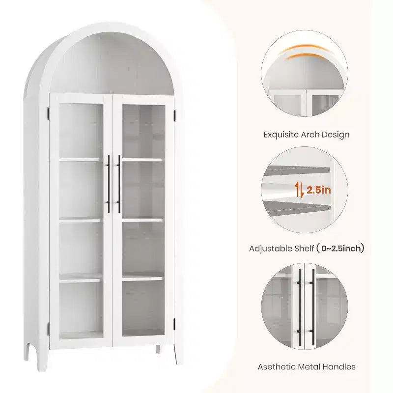 Armadietto da esposizione a 5 ripiani ad arco stile rustico, nero/marrone/bianco, con 2 ante in vetro, monoposto