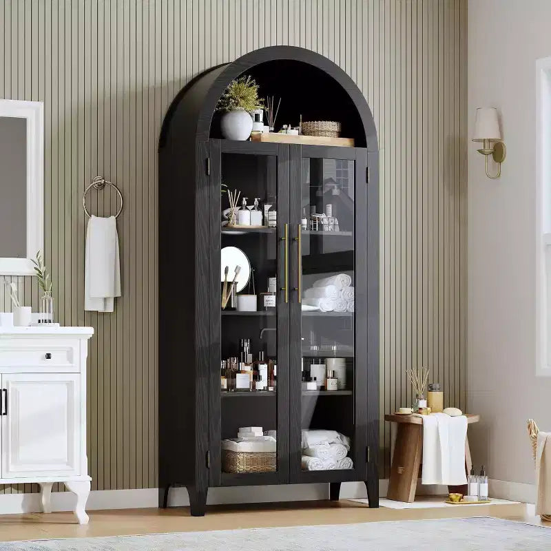Armadietto da esposizione a 5 ripiani ad arco stile rustico, nero/marrone/bianco, con 2 ante in vetro, monoposto