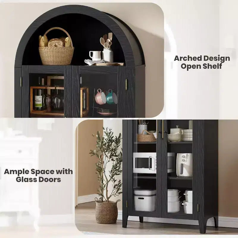 Armadietto da esposizione a 5 ripiani ad arco stile rustico, nero/marrone/bianco, con 2 ante in vetro, monoposto