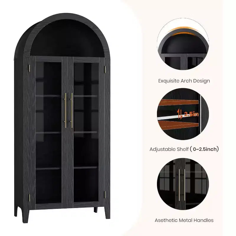 Armadietto da esposizione a 5 ripiani ad arco stile rustico, nero/marrone/bianco, con 2 ante in vetro, monoposto