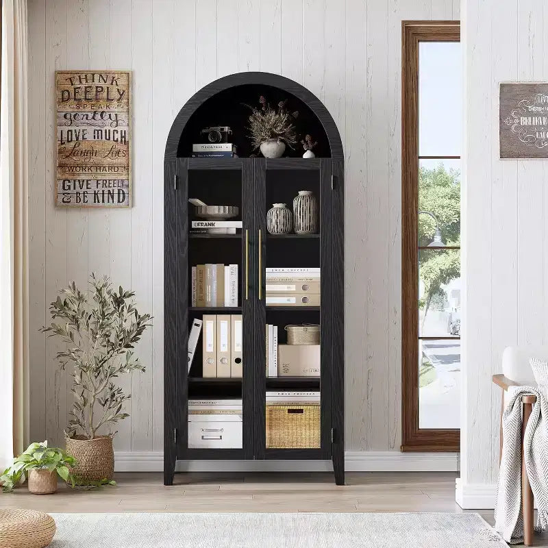 Armadietto da esposizione a 5 ripiani ad arco stile rustico, nero/marrone/bianco, con 2 ante in vetro, monoposto