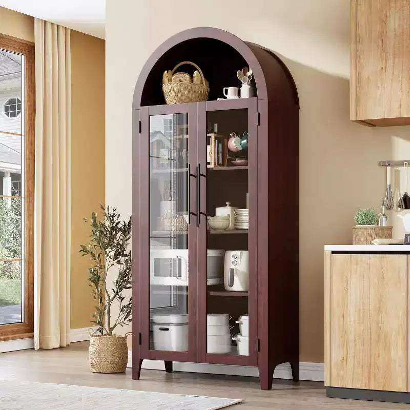 Armadietto da esposizione a 5 ripiani ad arco stile rustico, nero/marrone/bianco, con 2 ante in vetro, monoposto