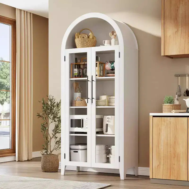 Armadietto da esposizione a 5 ripiani ad arco stile rustico, nero/marrone/bianco, con 2 ante in vetro, monoposto