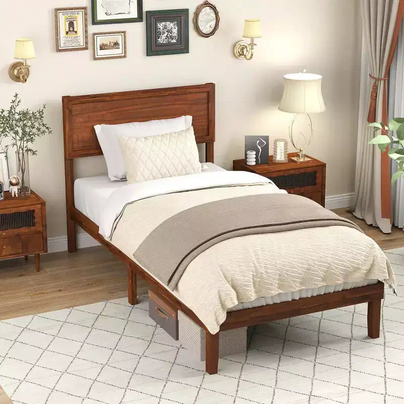 Struttura letto a piattaforma in noce in stile retrò con testiera imbottita, senza molle, Twin/Full/Queen