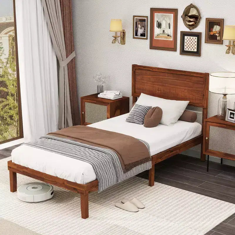 Struttura letto a piattaforma in noce in stile retrò con testiera imbottita, senza molle, Twin/Full/Queen