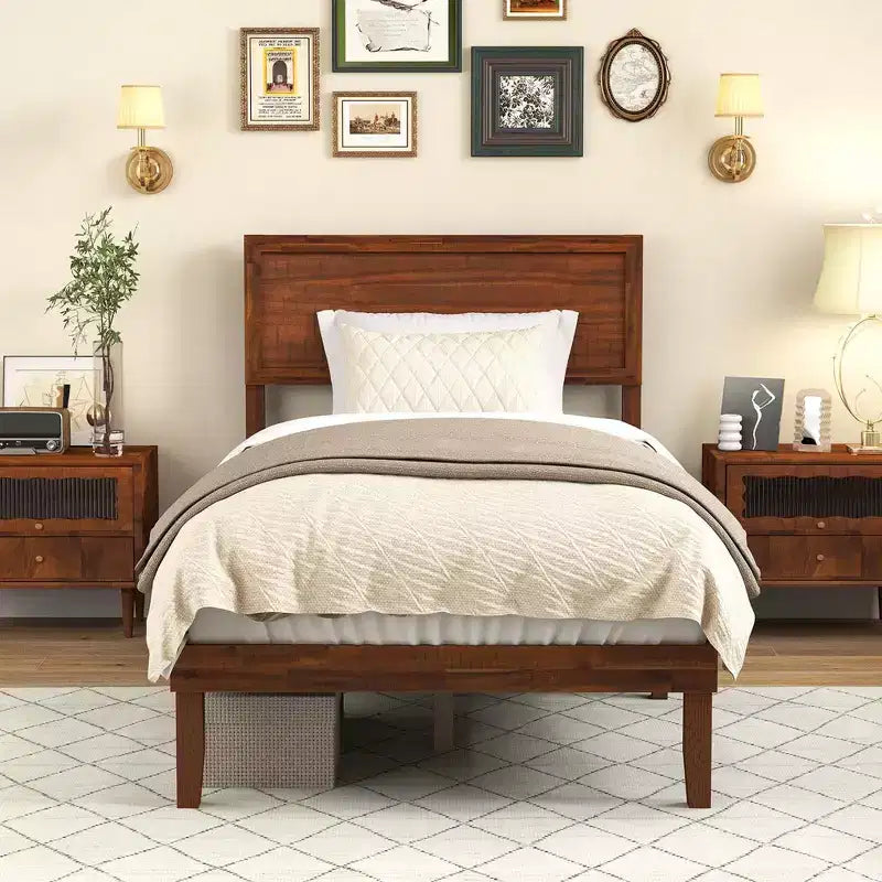 Struttura letto a piattaforma in noce in stile retrò con testiera imbottita, senza molle, Twin/Full/Queen