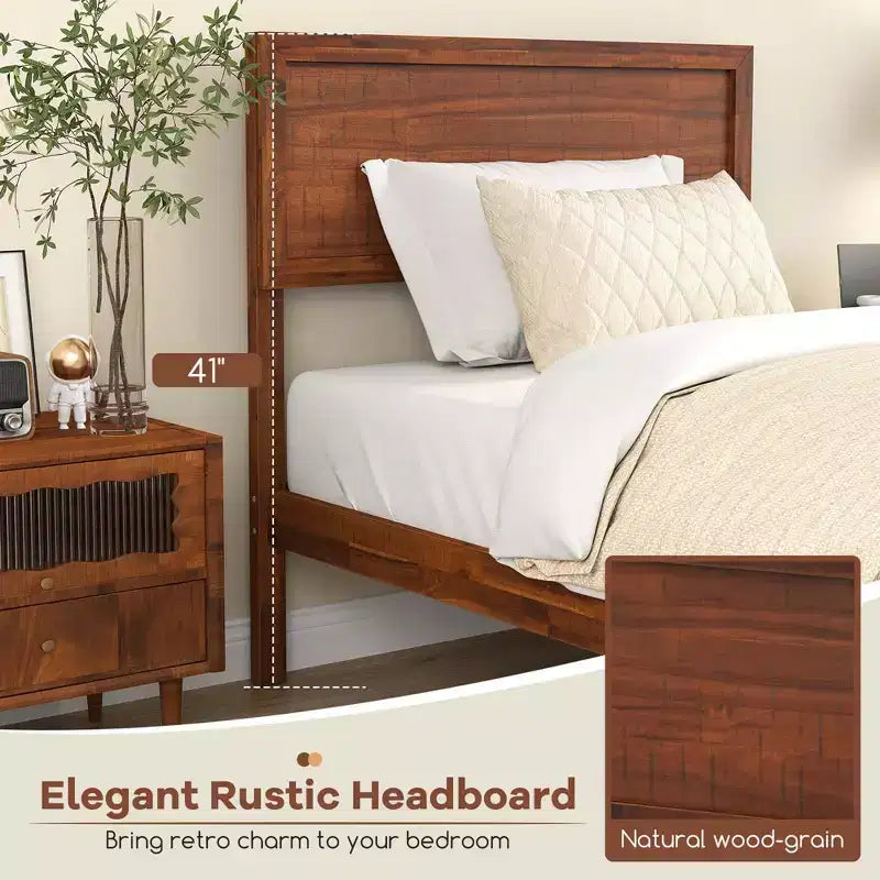 Struttura letto a piattaforma in noce in stile retrò con testiera imbottita, senza molle, Twin/Full/Queen