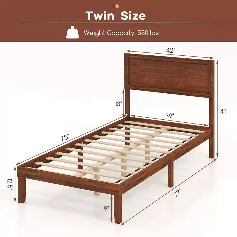 Struttura letto a piattaforma in noce in stile retrò con testiera imbottita, senza molle, Twin/Full/Queen