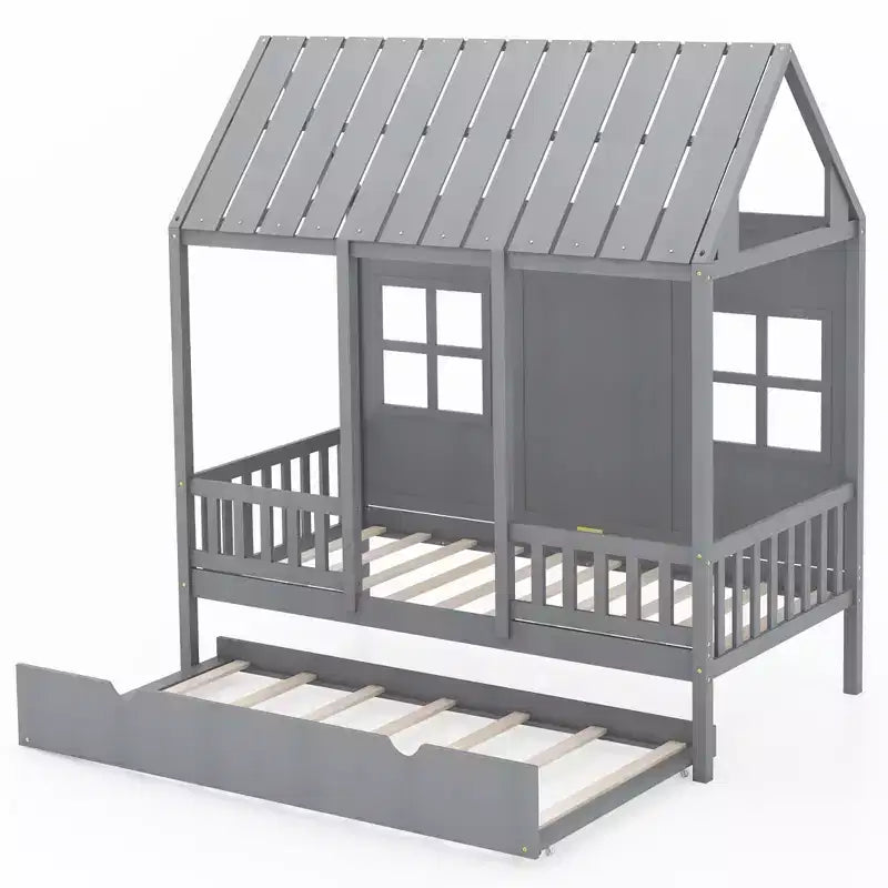 Costway Twin Size House Bed with Trundle Fence Decoration Wooden Windows Tall Roof Gray