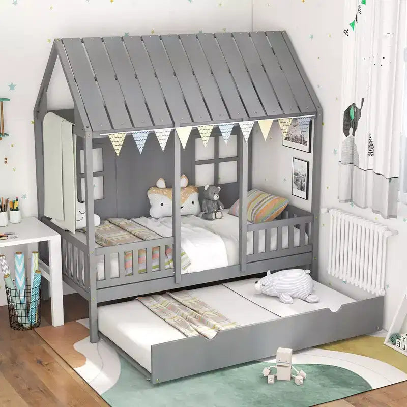 Letto a castello Twin grigio con letto estraibile, recinzione e finestre, 2 posti letto