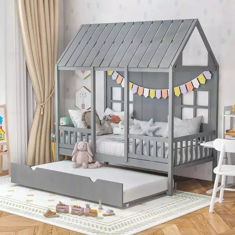 Letto a castello Twin grigio con letto estraibile, recinzione e finestre, 2 posti letto