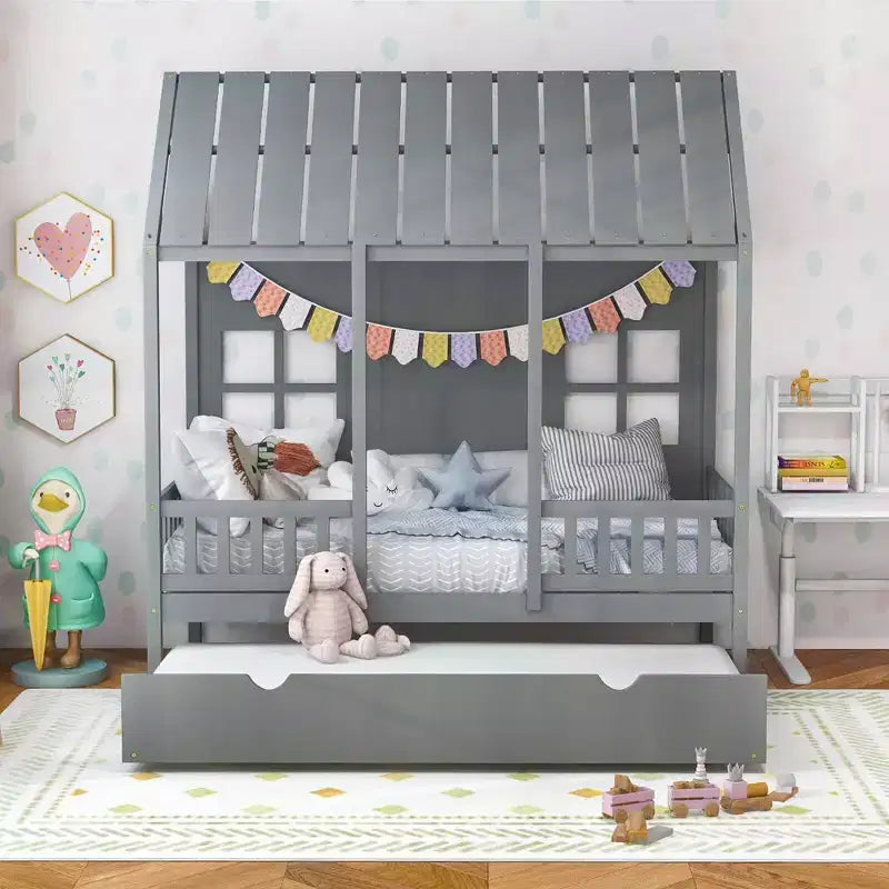 Letto a castello Twin grigio con letto estraibile, recinzione e finestre, 2 posti letto