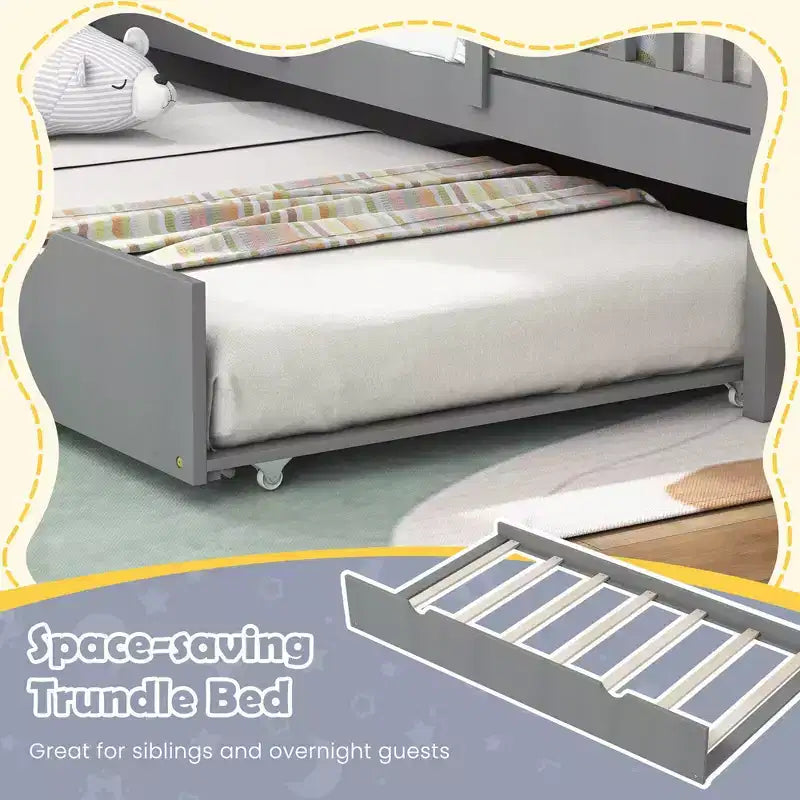Letto a castello Twin grigio con letto estraibile, recinzione e finestre, 2 posti letto