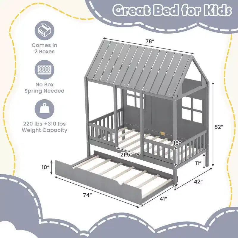Letto a castello Twin grigio con letto estraibile, recinzione e finestre, 2 posti letto