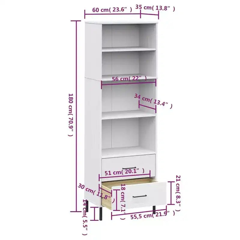 Libreria in Legno Massello di Pino Marrone/Bianco con 2 Cassetti e 4 Ripiani