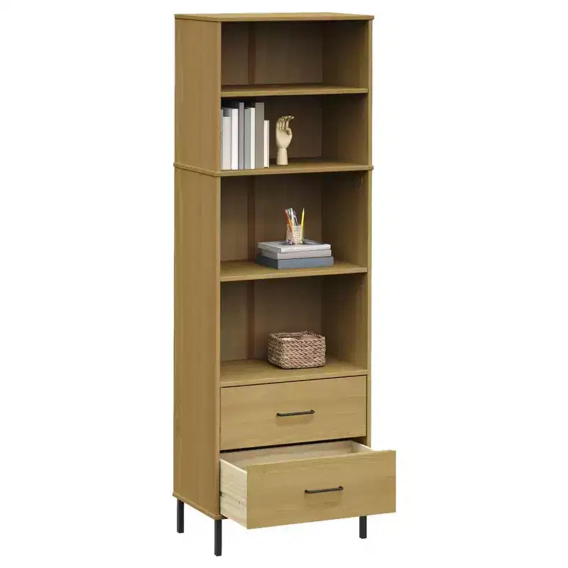 Libreria in Legno Massello di Pino Marrone/Bianco con 2 Cassetti e 4 Ripiani