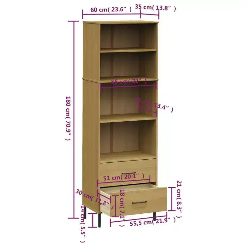 Libreria in Legno Massello di Pino Marrone/Bianco con 2 Cassetti e 4 Ripiani