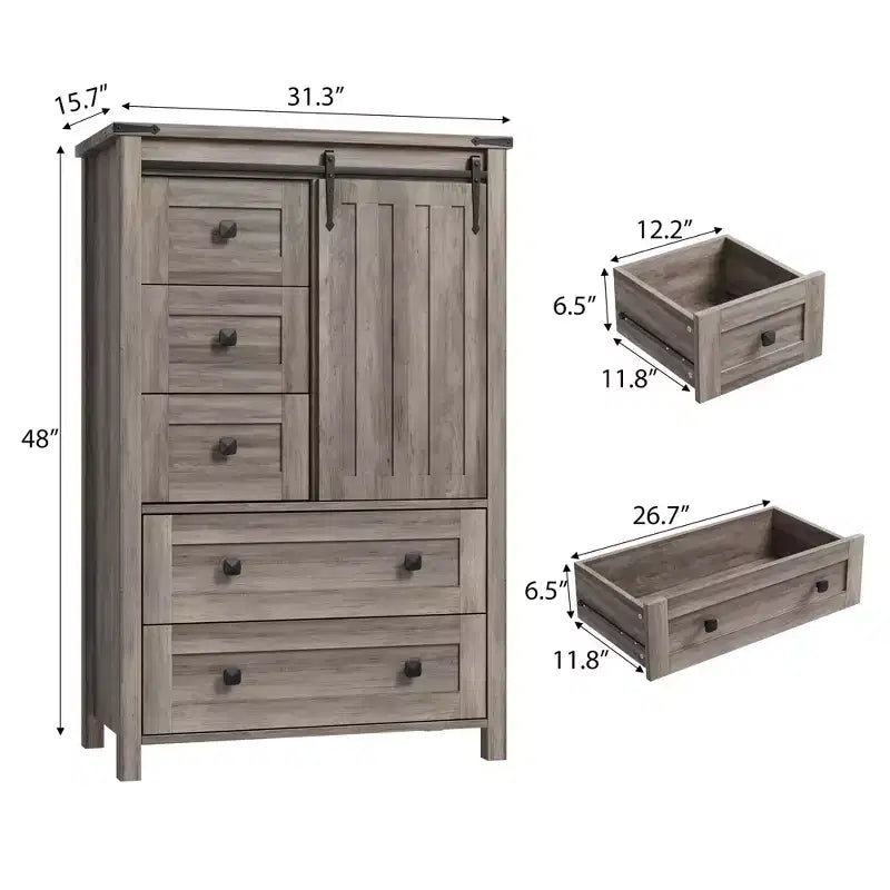Cassettiera a 5 cassetti color grigio stile rustico con anta scorrevole e ripiano regolabile