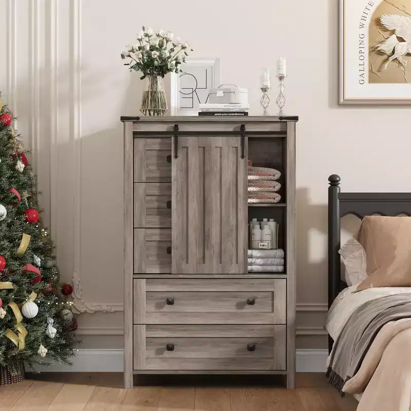 Cassettiera a 5 cassetti color grigio stile rustico con anta scorrevole e ripiano regolabile