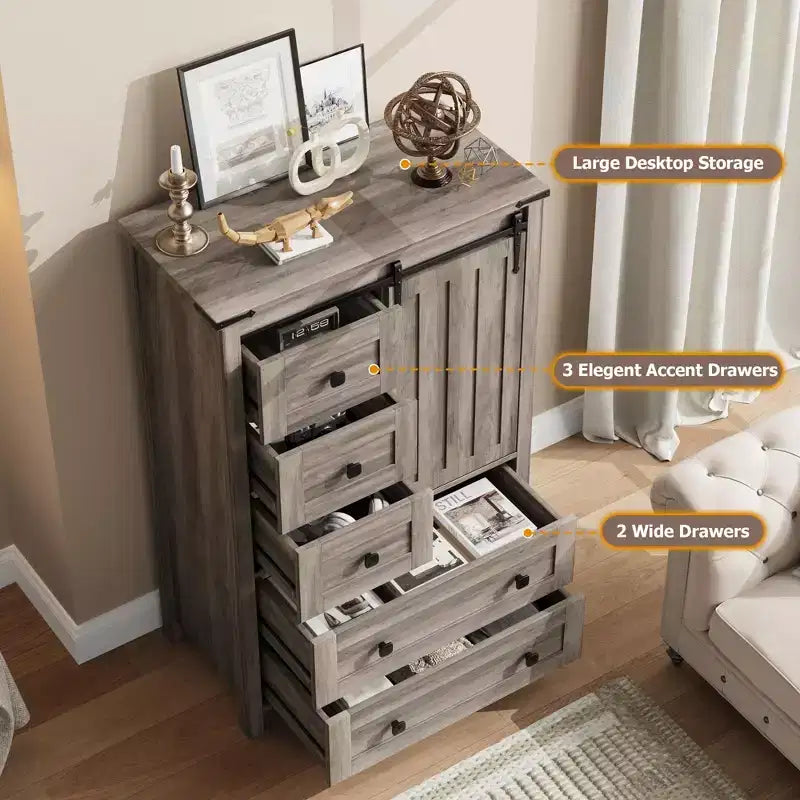 Cassettiera a 5 cassetti color grigio stile rustico con anta scorrevole e ripiano regolabile