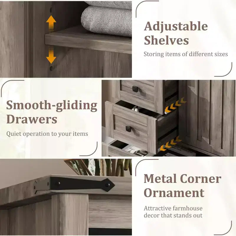 Cassettiera a 5 cassetti color grigio stile rustico con anta scorrevole e ripiano regolabile