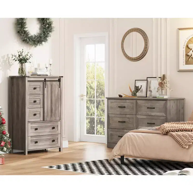 Cassettiera a 5 cassetti color grigio stile rustico con anta scorrevole e ripiano regolabile