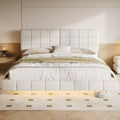Queen/King Size Upholstered Platform Bed Frame Floating Bed with Light & Headboard, White - ModernLuxe