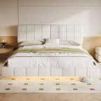 Queen/King Size Upholstered Platform Bed Frame Floating Bed with Light & Headboard, White - ModernLuxe