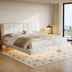 Letto imbottito in Bouclé bianco con piattaforma e testiera a LED – Queen/King, 1–2 persone