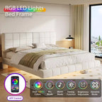 Letto imbottito in Bouclé bianco con piattaforma e testiera a LED – Queen/King, 1–2 persone