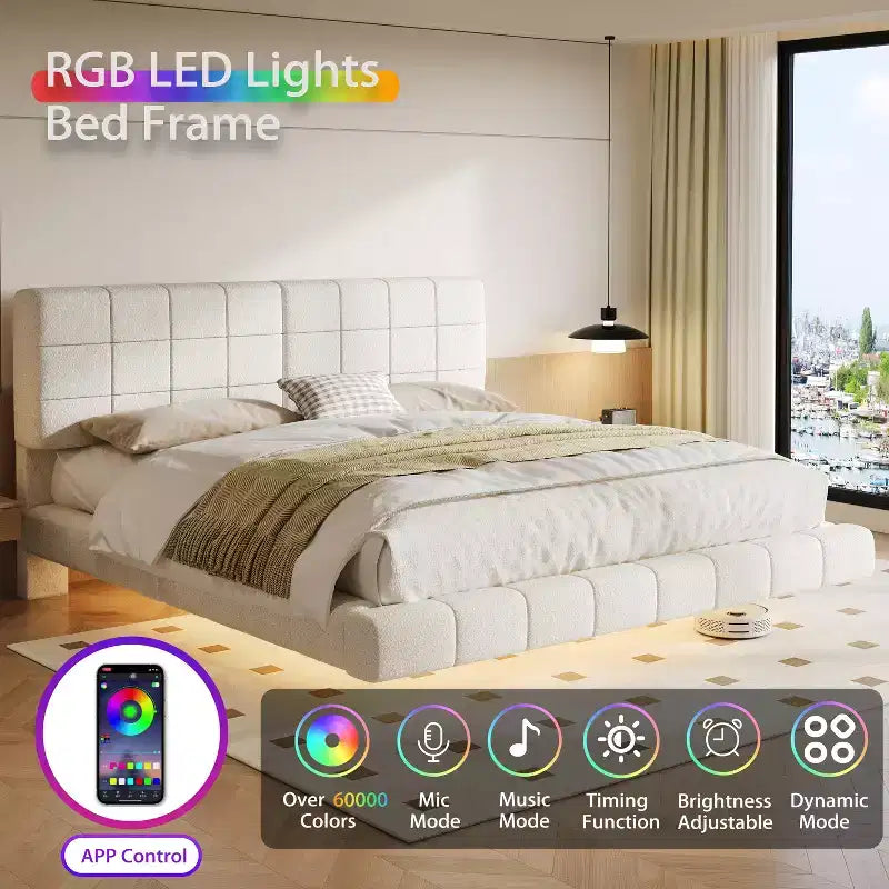 Letto imbottito in Bouclé bianco con piattaforma e testiera a LED – Queen/King, 1–2 persone