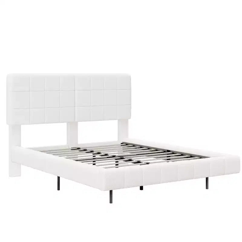 Letto imbottito in Bouclé bianco con piattaforma e testiera a LED – Queen/King, 1–2 persone