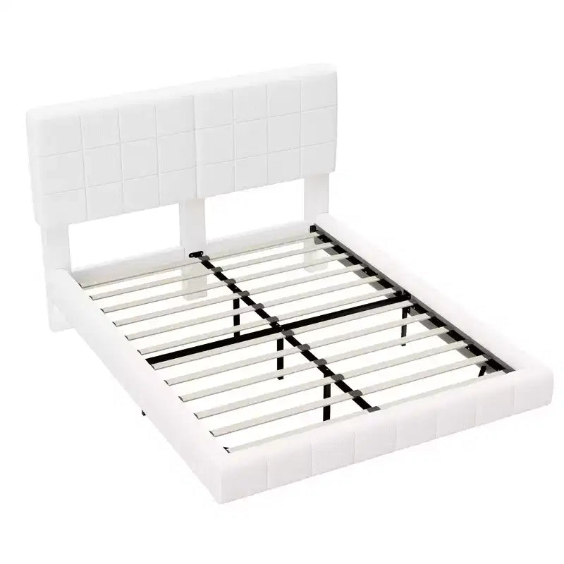 Letto imbottito in Bouclé bianco con piattaforma e testiera a LED – Queen/King, 1–2 persone