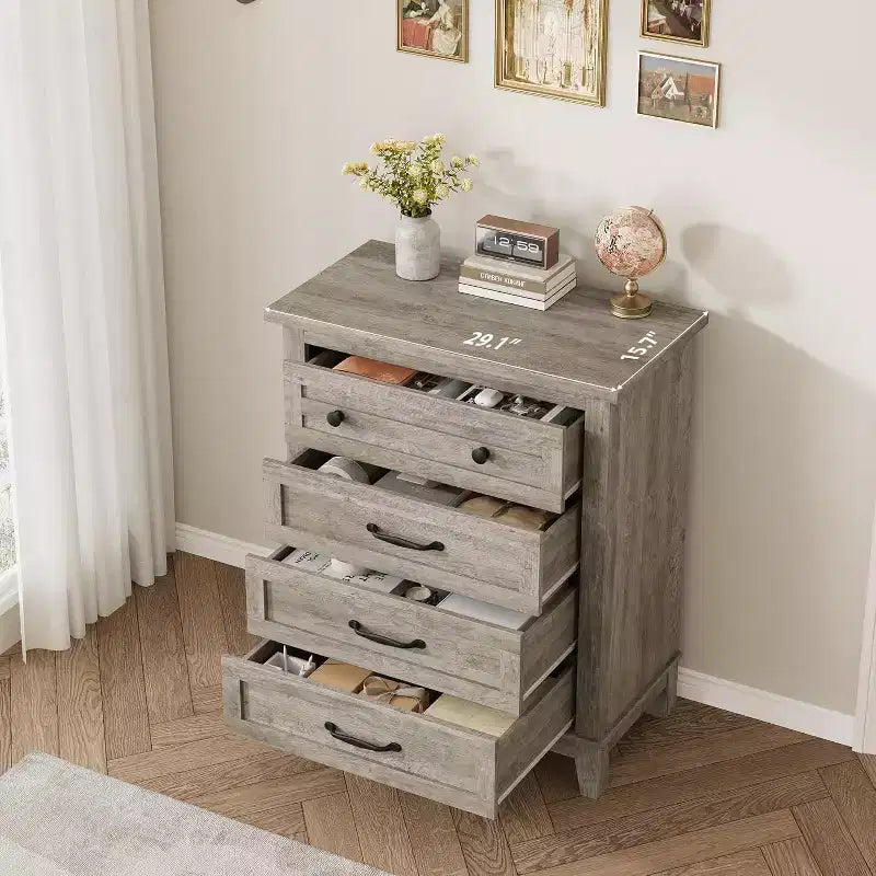 Comò verticale a 5 cassetti Nero/Grigio/Noce, Cassettiera a unità singola