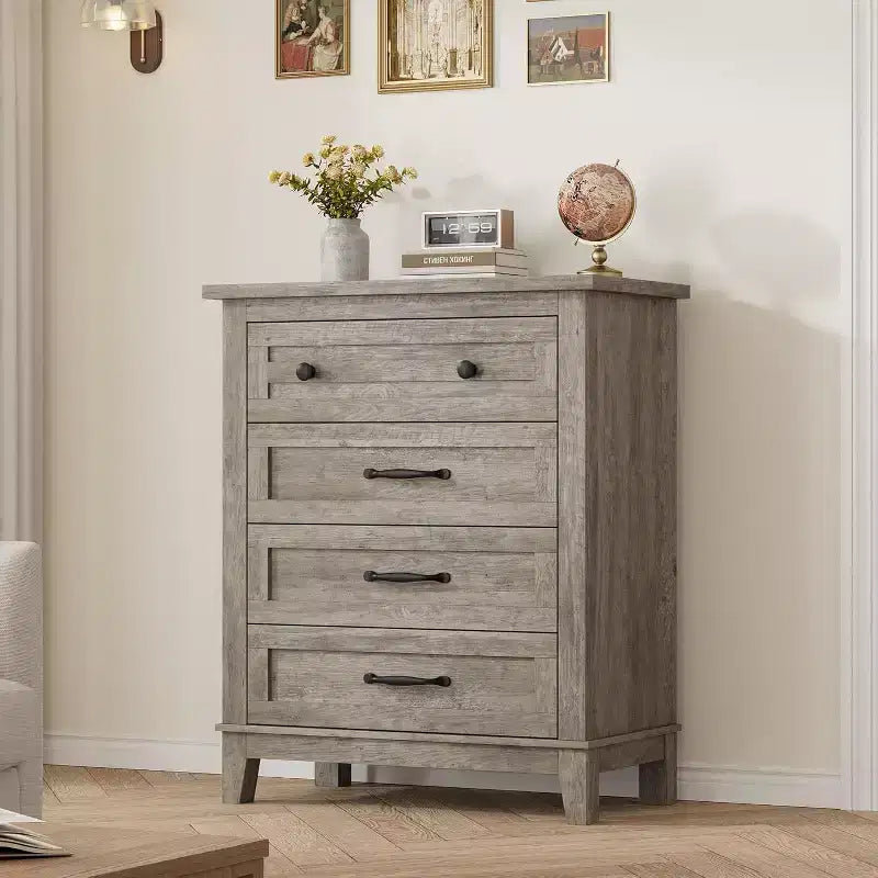 Comò verticale a 5 cassetti Nero/Grigio/Noce, Cassettiera a unità singola