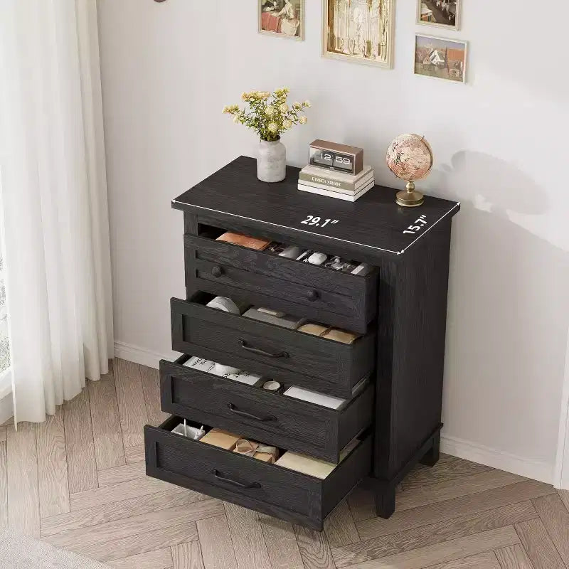 Comò verticale a 5 cassetti Nero/Grigio/Noce, Cassettiera a unità singola