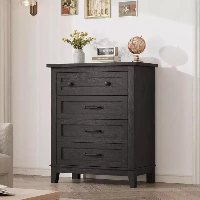 Comò verticale a 5 cassetti Nero/Grigio/Noce, Cassettiera a unità singola