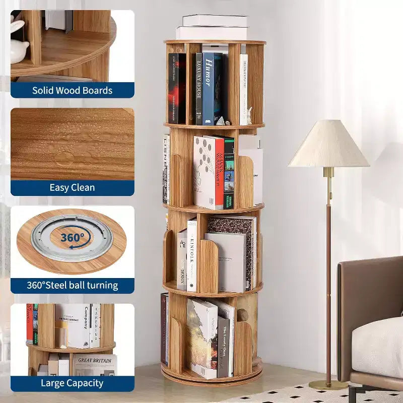 Libreria girevole a 360° a 4 ripiani, bianca/color legno, torre espositiva angolare rotante, 4 ripiani aperti