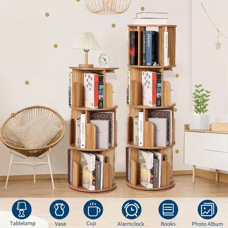 Libreria girevole a 360° a 4 ripiani, bianca/color legno, torre espositiva angolare rotante, 4 ripiani aperti