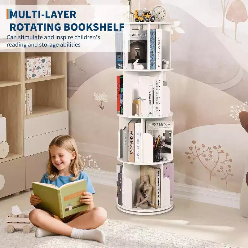 Libreria girevole a 360° a 4 ripiani, bianca/color legno, torre espositiva angolare rotante, 4 ripiani aperti