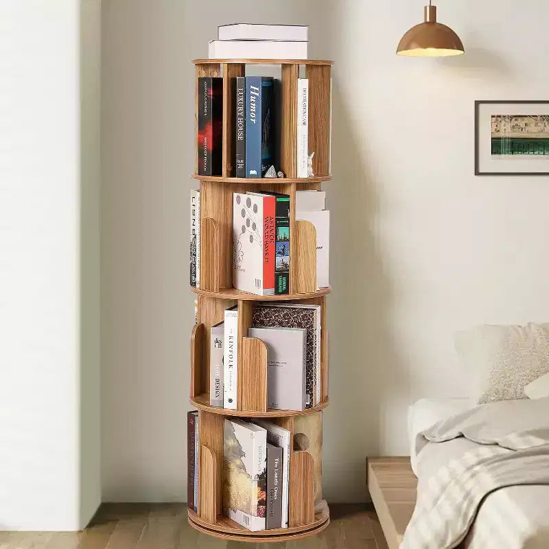 Libreria girevole a 360° a 4 ripiani, bianca/color legno, torre espositiva angolare rotante, 4 ripiani aperti