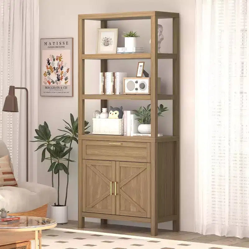 71 Farmhouse Wood Bookshelf with Doors & Drawer - 5-Tier Tall Bookcase, Freestanding Storage Cabinet