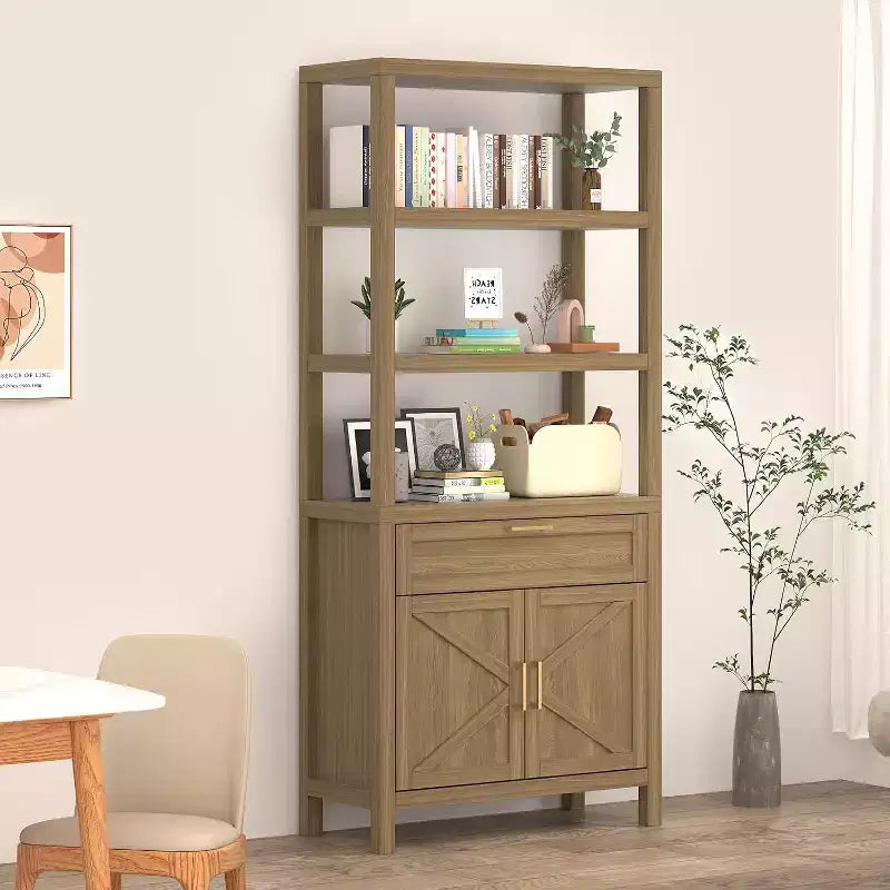 Libreria a 5 ripiani marrone rustico con ante e cassetto, stile rustico, montaggio da una sola persona