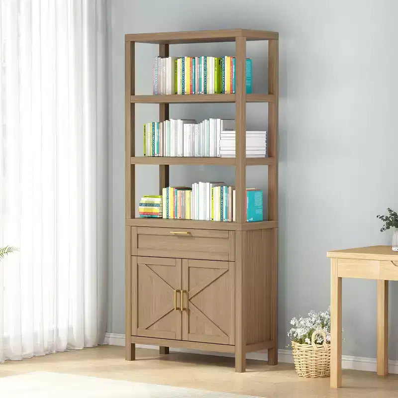 Libreria a 5 ripiani marrone rustico con ante e cassetto, stile rustico, montaggio da una sola persona