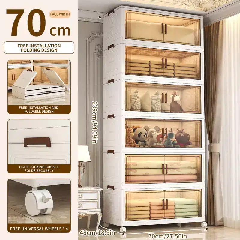 Armadio contenitore impilabile pieghevole a 5 ripiani, 1 unità, con ruote e contenitori con coperchio, colore grigio
