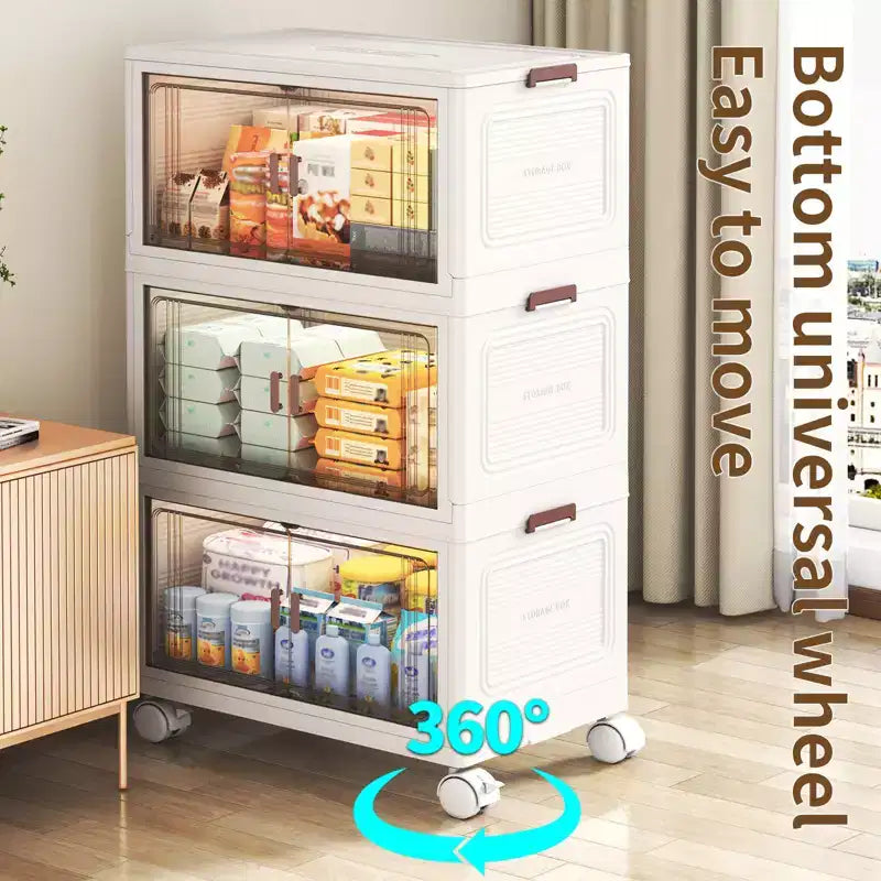 Armadio contenitore impilabile pieghevole a 5 ripiani, 1 unità, con ruote e contenitori con coperchio, colore grigio