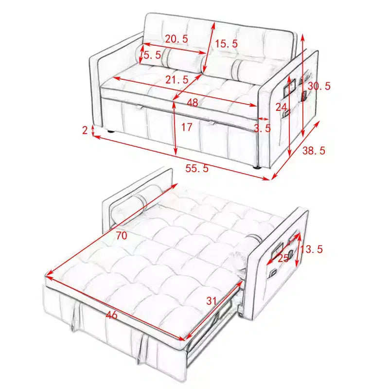 Divano letto estraibile in velluto grigio, 2 posti, larghezza 141 cm