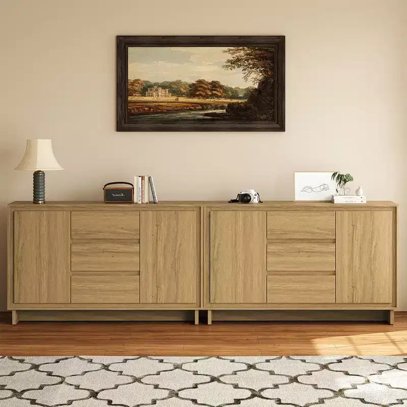 Mobile contenitore in rovere naturale/beige, 2 ante e 3 cassetti, autoportante